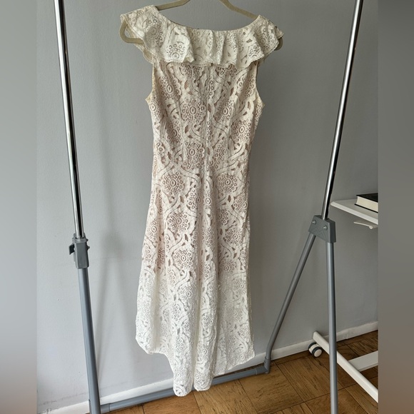 WHITE BRIDAL HI LOW RUFFLE LACE SLEEVELESS MIDI DRESS SZ SMALL - Picture 2 of 6